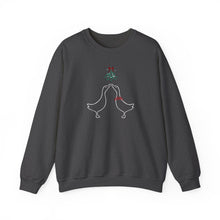 Load image into Gallery viewer, Crewneck Sweatshirt with Ducks Kissing under Mistletoe Design
