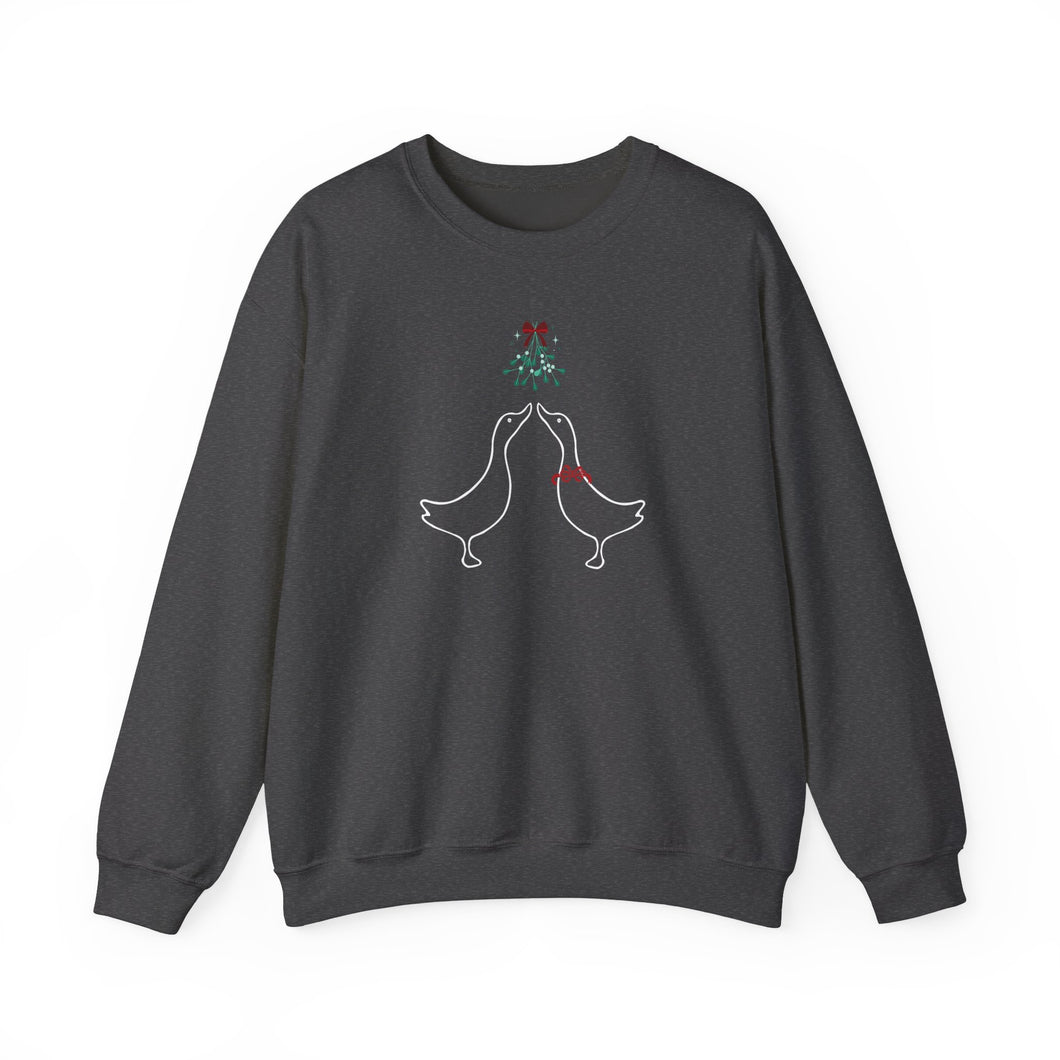 Crewneck Sweatshirt with Ducks Kissing under Mistletoe Design