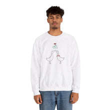 Load image into Gallery viewer, Crewneck Sweatshirt with Ducks Kissing under Mistletoe Design
