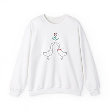 Load image into Gallery viewer, Crewneck Sweatshirt with Ducks Kissing under Mistletoe Design
